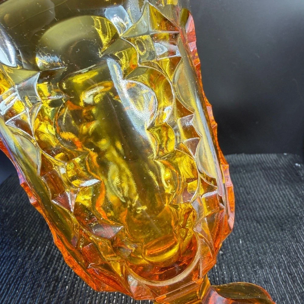 Vintage Amber Glass Goblet Diamond Starburst Footed Water Glass Cup VTG Decor‎